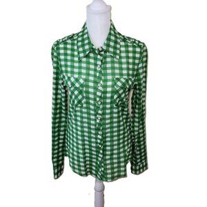 Gibson Lightweight Cotton Blouse Green & White Check Long Sleeve Button Up SZ S